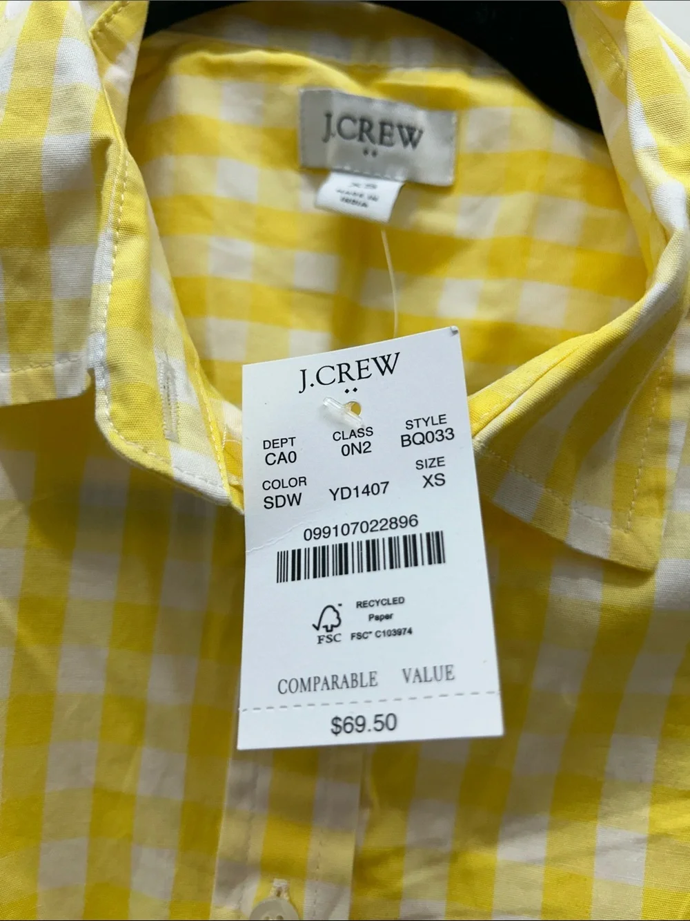 J. Crew Yellow and White Gingham Sleeveless Button Shirt